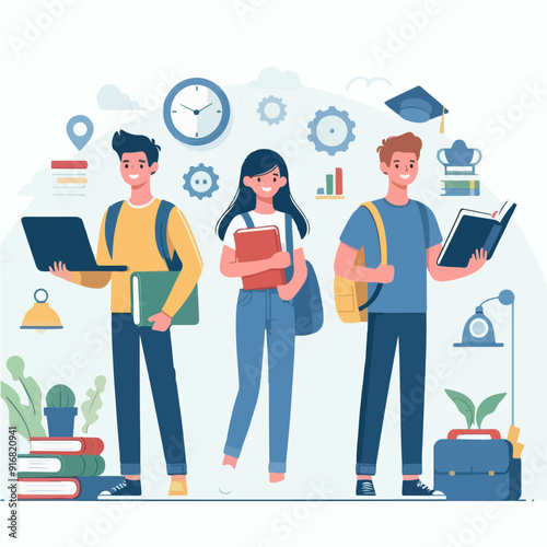 university students campus community vector illustration. Young male and female characters with books. High school graduates, smart teenagers