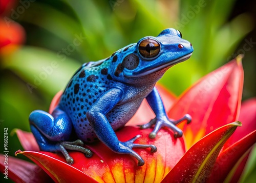 Vibrant blue dendrobates tinctorius poison dart frog perches on red flower bloom in lush tropical jungle of French Guiana habitat.