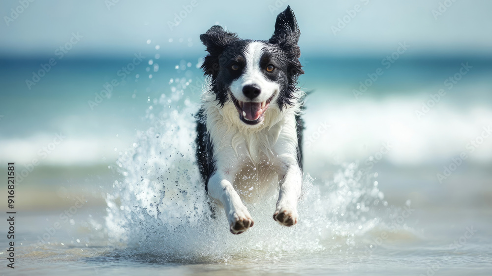 A Playful Dog Joyfully Running along the Beach on a Sunny Day Filled with Happiness A Playful Dog Joyfully Running along the Beach on a Sunny Day Filled with Happiness