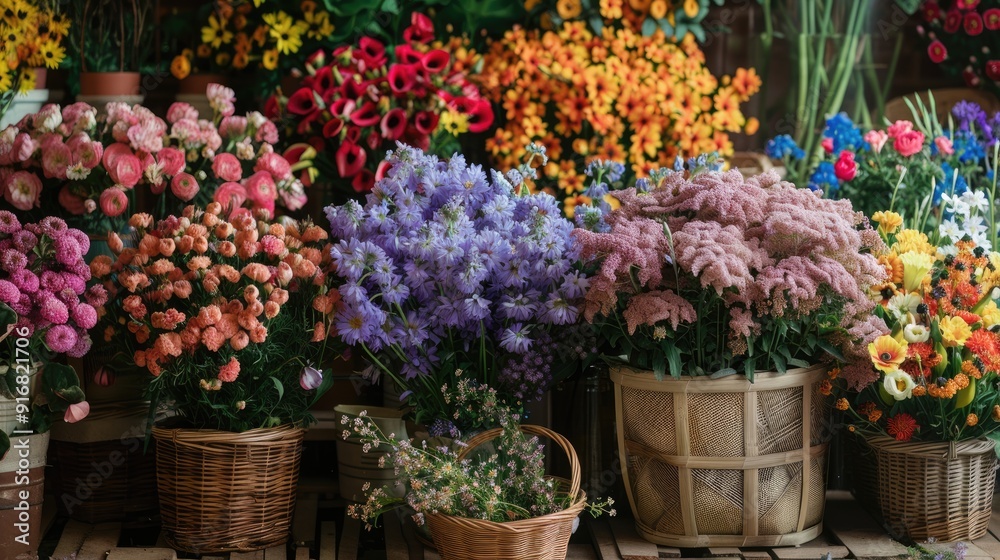 Flowers beautifully arranged in vases and baskets Flowers beautifully arranged in vases and baskets