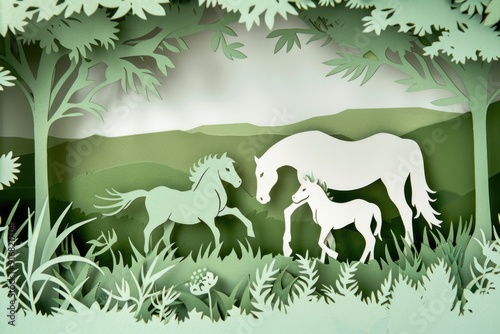Paper Cut Art of Horse and Foal in Meadow – Nature, Wildlife and Family Theme for Wall Art, Cards, and Posters