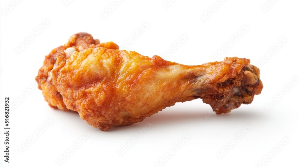A single fried chicken wing, crispy and golden, lying on a pristine white background. A single fried chicken wing, crispy and golden, lying on a pristine white background.