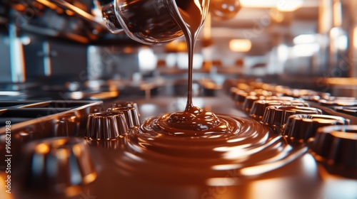 Close-up View of Molten Chocolate Being Poured into Molds in a Modern Factory Setting.