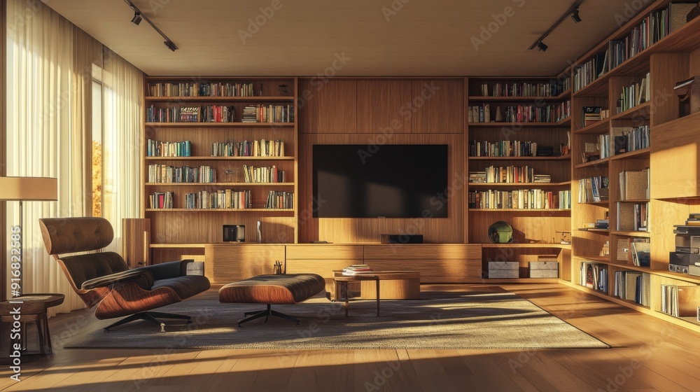 A spacious living room with a comfortable armchair, a large flat-screen TV, and a wall of bookshelves. A spacious living room with a comfortable armchair, a large flat-screen TV, and a wall of bookshelves.
