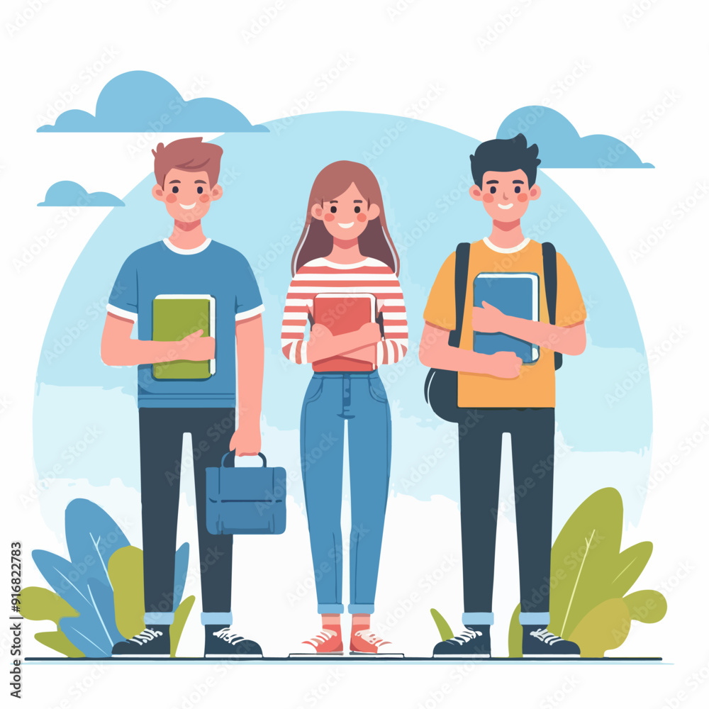 Fototapeta premium university students campus community vector illustration. Young male and female characters with books. High school graduates, smart teenagers