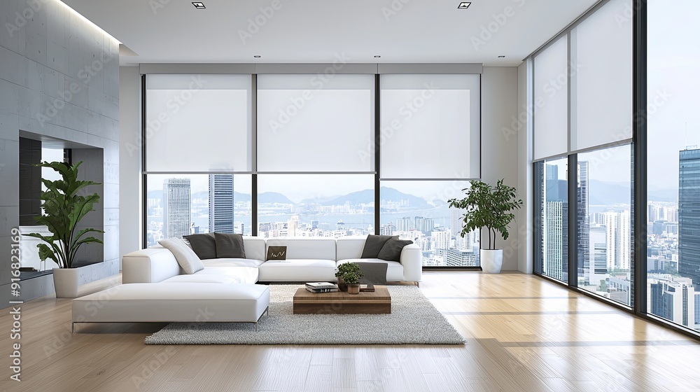 Urban living room with floor-to-ceiling windows, sleek roller blinds, modern decor, city view, minimalist furniture, clean lines, open and spacious, copy space for text, Urban living room with floor-to-ceiling windows, sleek roller blinds, modern decor, city view, minimalist furniture, clean lines, open and spacious, copy space for text,