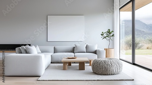 Scandinavian-inspired living room with large windows, simple shades, minimalist furniture, light wood accents, neutral color palette, soft and cozy feel, copy space for text,