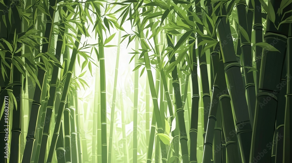 Fototapeta premium A serene bamboo grove with lush greenery and soft light creating a tranquil atmosphere.