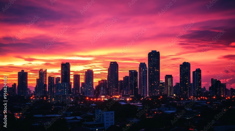 A stunning view of tall skyscrapers silhouetted against a vibrant orange and pink sunset sky, capturing A stunning view of tall skyscrapers silhouetted against a vibrant orange and pink sunset sky, capturing