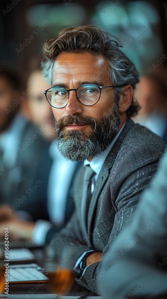 Confident mature businessman with glasses and gray hair at a corporate meeting, exuding professionalism and leadership. Confident mature businessman with glasses and gray hair at a corporate meeting, exuding professionalism and leadership.