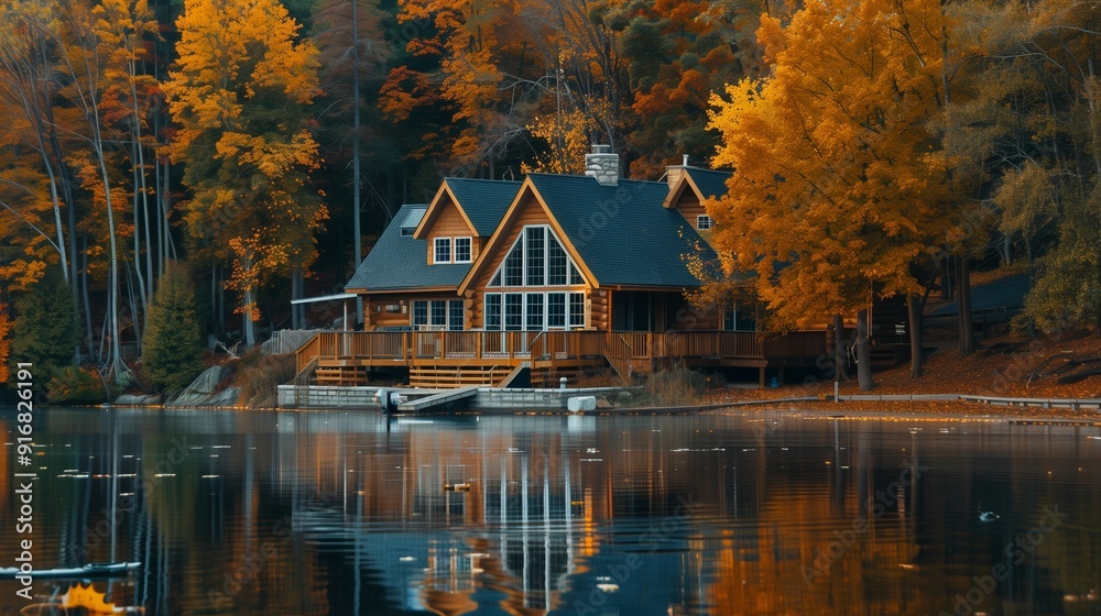 A cozy lake house nestled in the woods, with autumn leaves reflecting in the water. A cozy lake house nestled in the woods, with autumn leaves reflecting in the water.