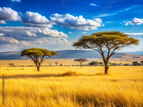 Serene African savannah landscape with golden grasslands, acacia trees, and vast open spaces in a sunny Kenya reserve setting.