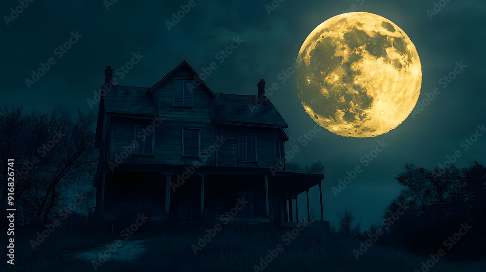 Haunted house with a large full moon Haunted house with a large full moon