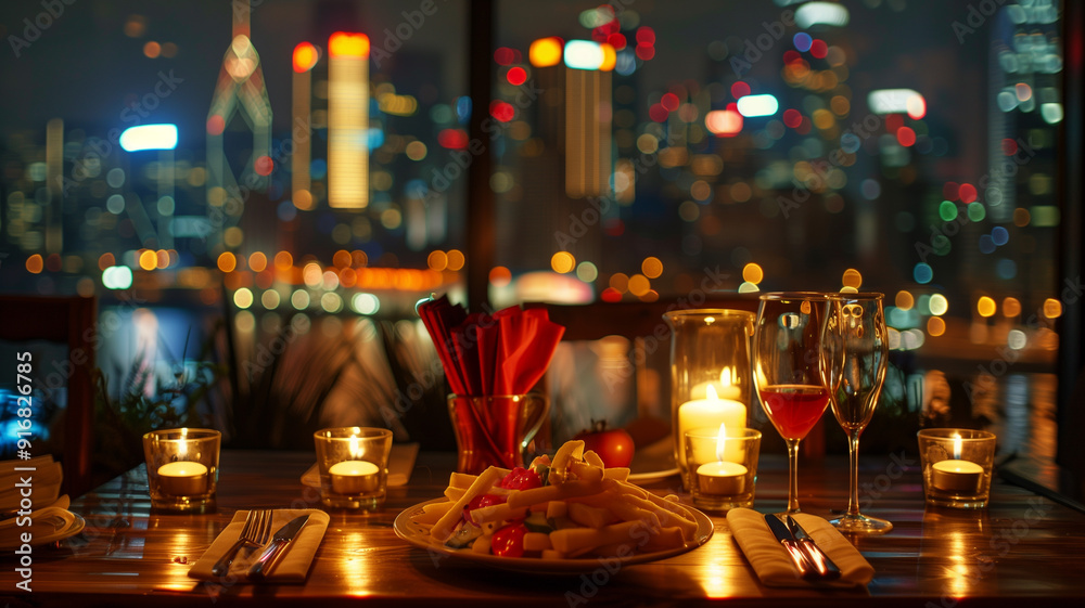 A romantic dinner setting with French fries and ketchup candles lit on the table and a city skyline visible through the window A romantic dinner setting with French fries and ketchup candles lit on the table and a city skyline visible through the window