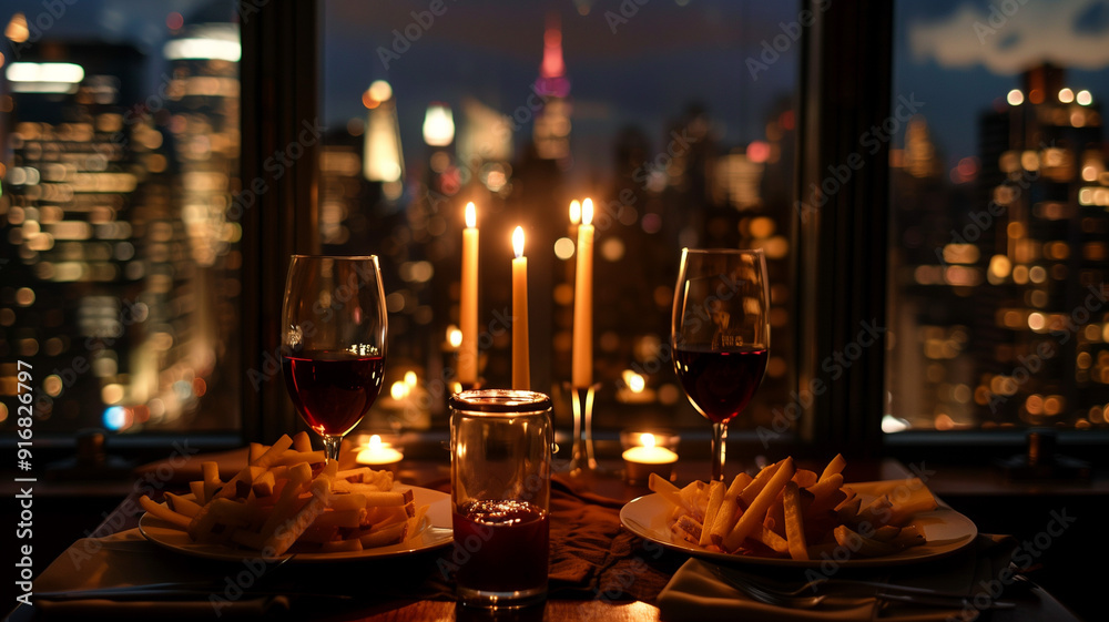 A romantic dinner setting with French fries and ketchup candles lit on the table and a city skyline visible through the window A romantic dinner setting with French fries and ketchup candles lit on the table and a city skyline visible through the window