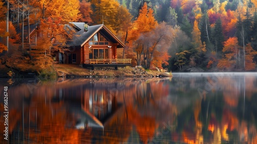 A cozy log cabin beside a still lake, with beautiful fall reflections.