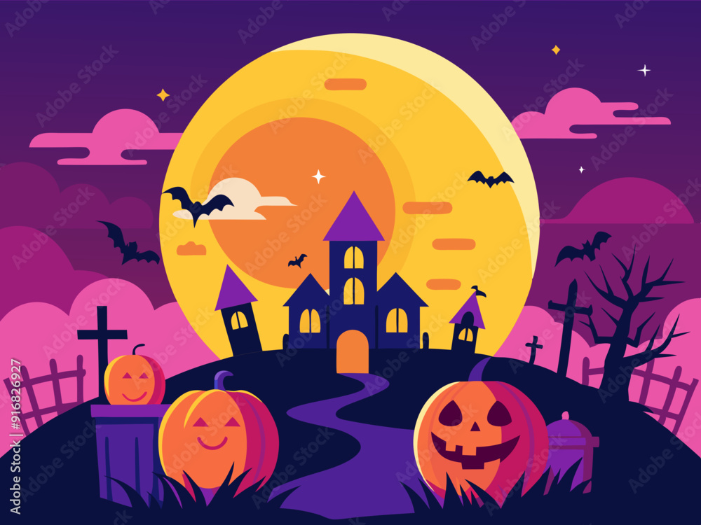 Old haunted castle on a hill silhouette in front of the big moon and violet sky with bats. Halloween holiday concept vector illustration. Old haunted castle on a hill silhouette in front of the big moon and violet sky with bats. Halloween holiday concept vector illustration.