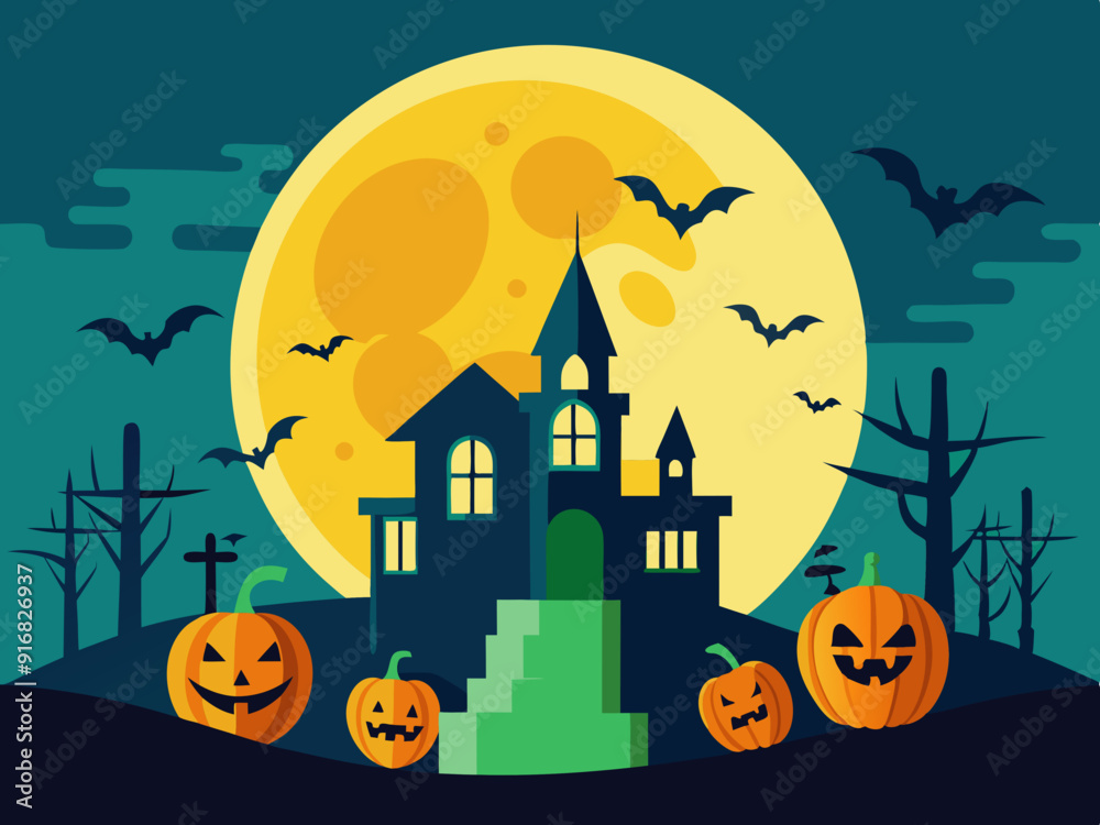 Old haunted castle on a hill silhouette in front of the big moon and green sky with bats. Halloween holiday concept vector illustration. Old haunted castle on a hill silhouette in front of the big moon and green sky with bats. Halloween holiday concept vector illustration.