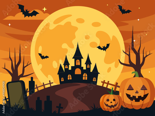 Old haunted castle on a hill silhouette in front of the big moon and orange sky with bats. Halloween holiday concept vector illustration.