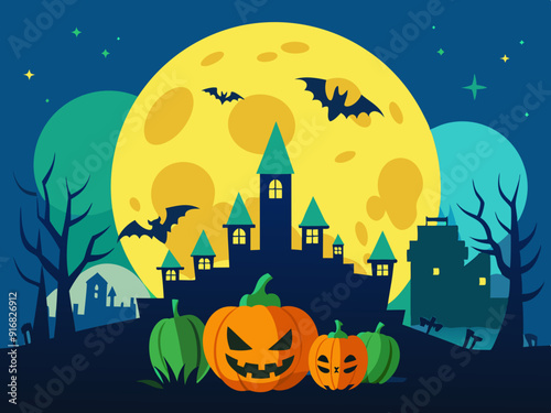 Old haunted castle on a hill silhouette in front of the big moon and green sky with bats. Halloween holiday concept vector illustration.