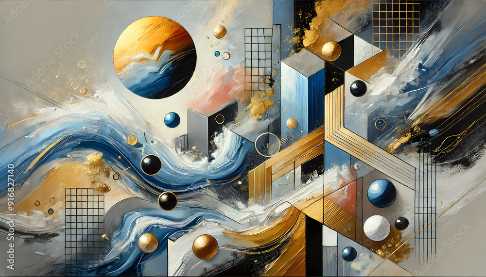 Obraz premium Abstract Geometric Art with Circles, Lines and Fluidity. in Geometric Style, Oil painting to hang on the wall, Oil painting for living room, Wallpaper Modern Oil paint, Modern Interior Art, lines
