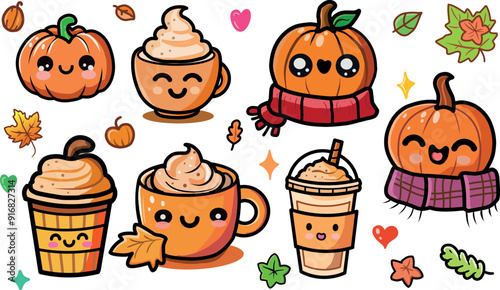 autumn kawaii set illustration