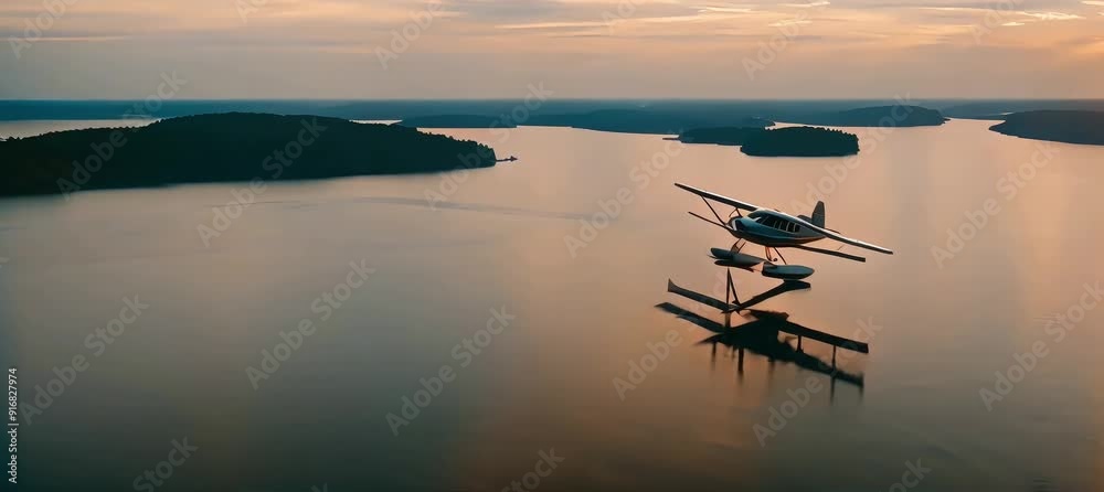 A seaplane glides over tranquil waters at dawn with its perfect reflection below A seaplane glides over tranquil waters at dawn with its perfect reflection below