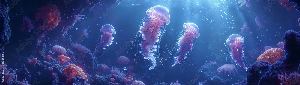 Fototapeta premium Jellyfish floating above seahorses in an underwater canyon, mysterious and majestic illustration style