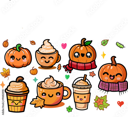 set of autumn kawaii characters