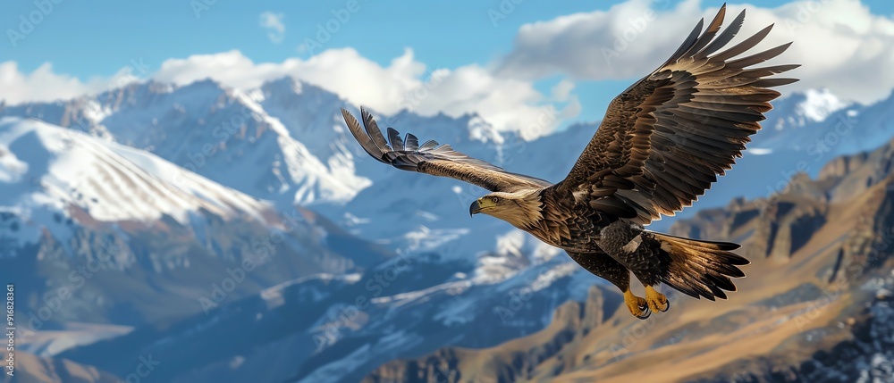 Fototapeta premium Majestic eagle soaring over rugged mountains, clear blue sky, national park