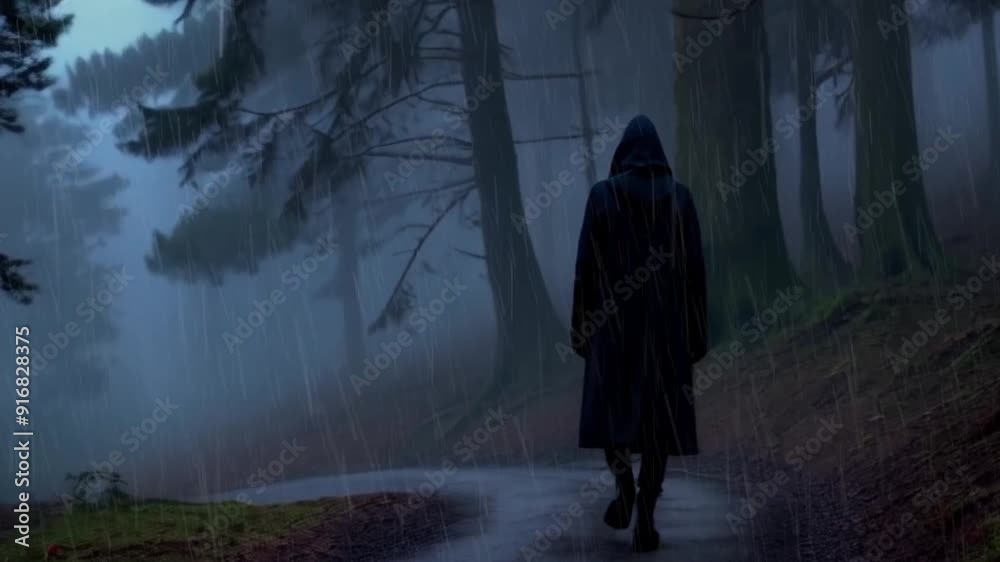 Mysterious Hooded Figure Walking in Dark Foggy Forest, Eerie Atmosphere
Mysterious Hooded Figure Walking in Dark Foggy Forest, Eerie Atmosphere