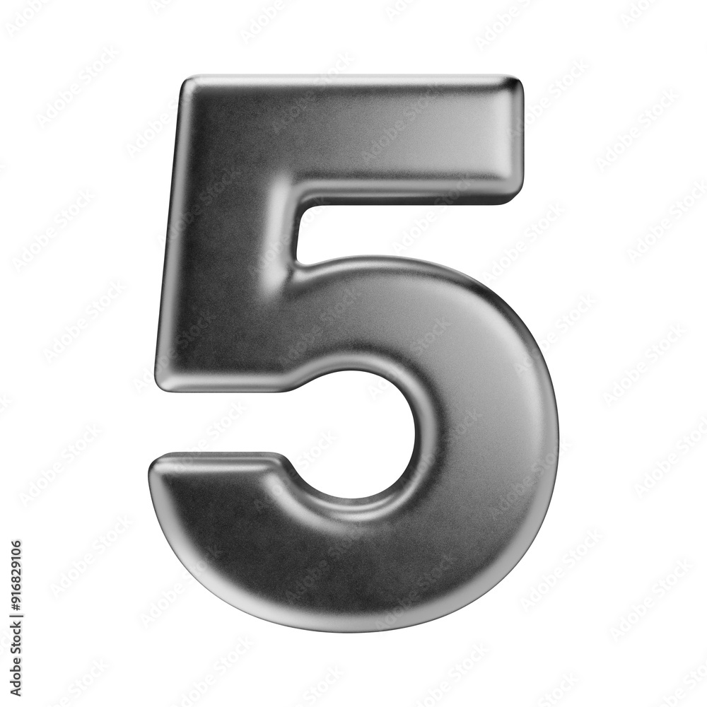 Volumetric silver number five, isolated on a transparent background. 3D digit 5 in metal with a matte texture. Photorealistic render. Volumetric silver number five, isolated on a transparent background. 3D digit 5 in metal with a matte texture. Photorealistic render.