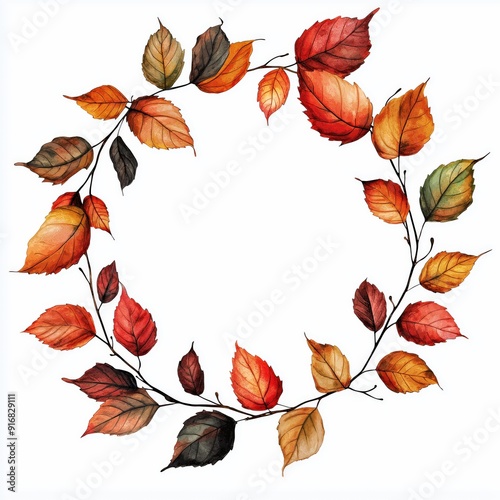 A circular arrangement of autumn leaves in vibrant colors on a white background.