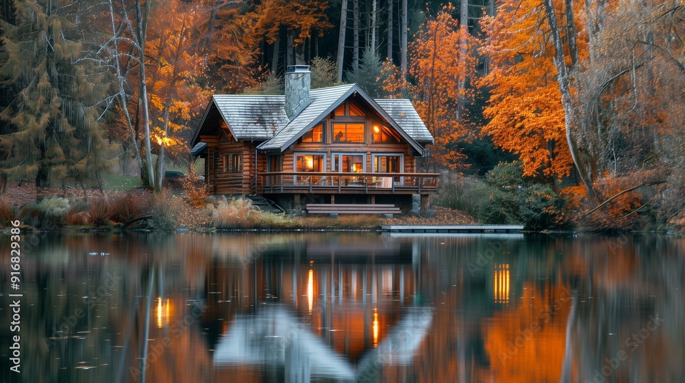 A peaceful log cabin at the edge of a serene lake, autumn reflections everywhere. A peaceful log cabin at the edge of a serene lake, autumn reflections everywhere.