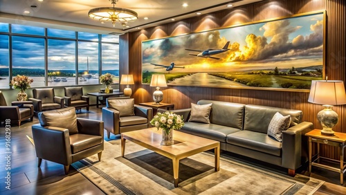 Elegant lounge at Vienna airport features iconic oil on canvas artwork from renowned museum, surrounded by luxurious furniture and decor. photo