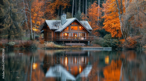 A peaceful log cabin at the edge of a serene lake, autumn reflections everywhere.