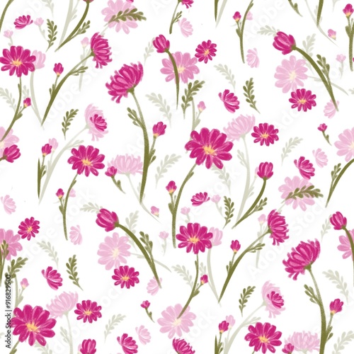 Vintage Seamless Pattern: Pink Blossoms, Green Foliage on White, Romantic Botanical Textile Print