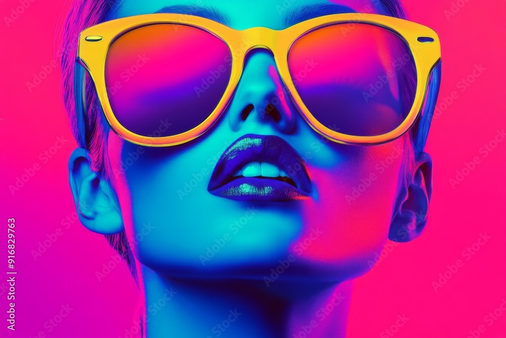 Abstract Pop Art Portrait of a Woman: Vibrant Neon Colors and Sunglasses Embellishing a Modern Contemporary Art Statement for Design and Fashion Magazine Covers Abstract Pop Art Portrait of a Woman: Vibrant Neon Colors and Sunglasses Embellishing a Modern Contemporary Art Statement for Design and Fashion Magazine Covers
