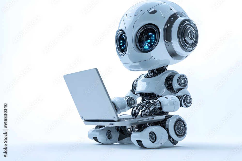 Cute friendly artificial intelligence robot using laptop computer 3d illustration isolated on white. Chatbot and AI assistant concept Cute friendly artificial intelligence robot using laptop computer 3d illustration isolated on white. Chatbot and AI assistant concept