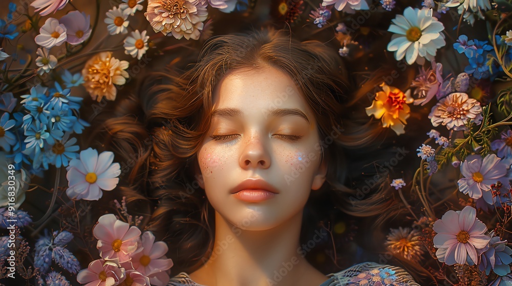 Sleeping woman surrounded by flowers, soft evening light