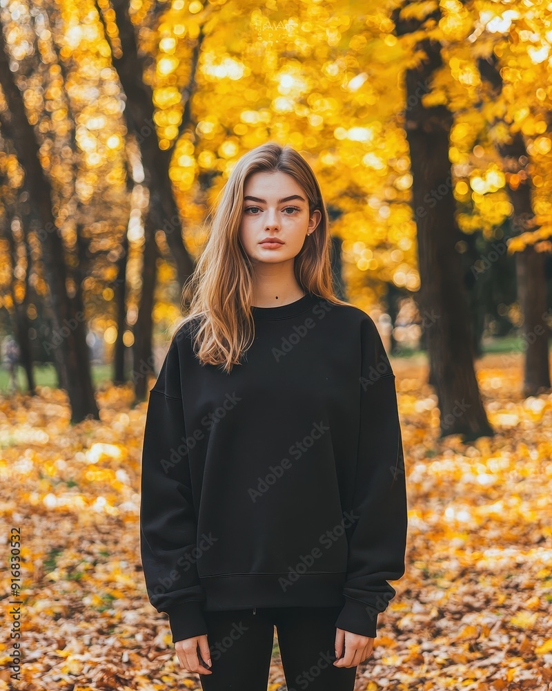 A portrait of a young woman wearing a black crewneck sweater, standing against a vibrant background of autumn leaves. Fashion Mockup Concept. A portrait of a young woman wearing a black crewneck sweater, standing against a vibrant background of autumn leaves. Fashion Mockup Concept.