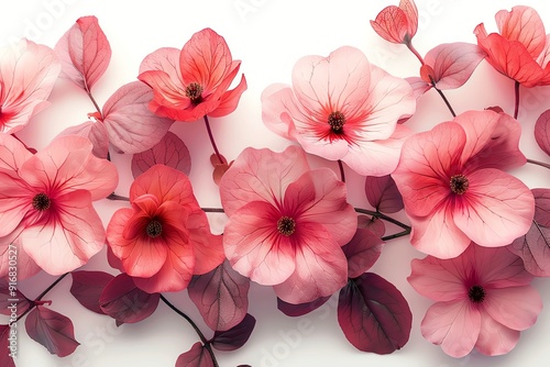 Soft pink floral border with leaves on white background