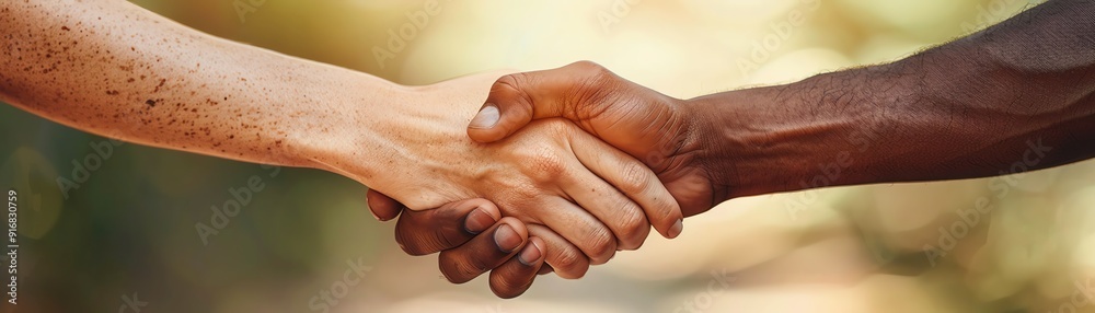 Fototapeta premium Two hands clasped, diverse skin tones, unity, soft light, neutral background