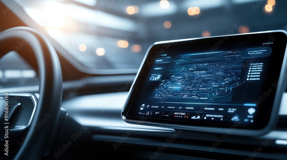 Close-up view of a modern car dashboard with digital display and advanced technology for navigation and information. Close-up view of a modern car dashboard with digital display and advanced technology for navigation and information.