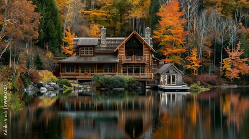 A rustic lake house with a wooden dock, autumn leaves mirrored in the calm water.