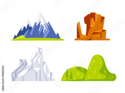 Set of four different mountain illustrations showing snowy peaks, rocky formations and green hills