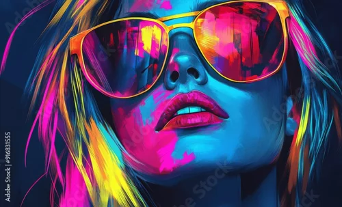 Obraz Abstract Pop Art Portrait of a Woman: Vibrant Neon Colors and Sunglasses Embellishing a Modern Contemporary Art Statement for Design and Fashion Magazine Covers