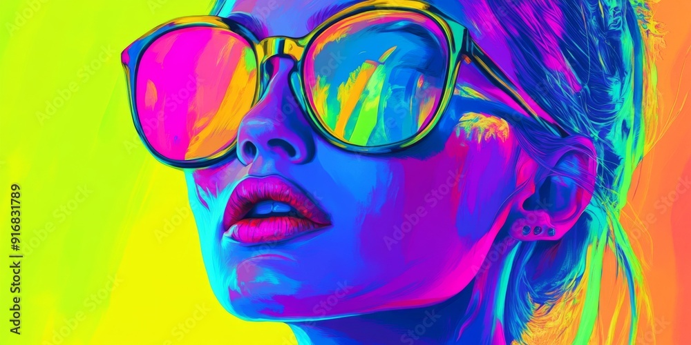 Abstract Pop Art Portrait of a Woman: Vibrant Neon Colors and Sunglasses Embellishing a Modern Contemporary Art Statement for Design and Fashion Magazine Covers Abstract Pop Art Portrait of a Woman: Vibrant Neon Colors and Sunglasses Embellishing a Modern Contemporary Art Statement for Design and Fashion Magazine Covers