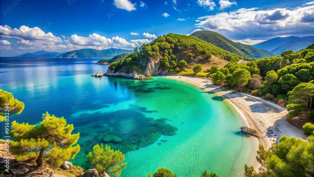 Sparkling turquoise waters lap against a picturesque Greek coastline, where lush greenery meets powdery white sand at a tranquil beach. Sparkling turquoise waters lap against a picturesque Greek coastline, where lush greenery meets powdery white sand at a tranquil beach.
