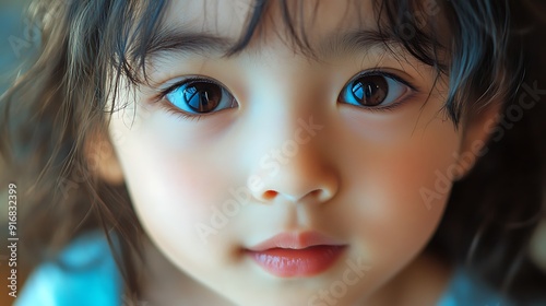 Close-up of the cute oriental girl's face, slightly raised corners of her mouth, slightly curly hair, photography!